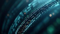 Digital binary code data stream on dark background with blue and green technology glow effect, abstract futuristic cyber security concept.