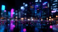 Modern cityscape at night with glowing neon lights and bokeh effect reflections on wet surface creating dreamy urban atmosphere. Blurred skyscrapers illuminate dark sky.
