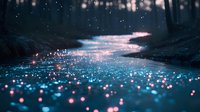 Magical forest stream at night with glowing particles floating on water surface creating ethereal atmosphere in dark misty woods. Dreamy nature landscape.