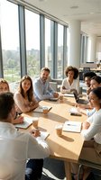 Diverse business team meeting in modern conference room with city view. Professional colleagues collaborating around table discussing strategy and projects.