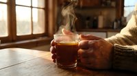 Senior man with weathered hands holding steaming cup of hot tea or coffee at wooden table by window with warm sunlight, cozy home interior setting for lifestyle and wellness content.