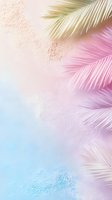 Pastel palm leaves frame against soft pink and blue gradient background with textured effect. Dreamy tropical summer design for social media and wellness content.