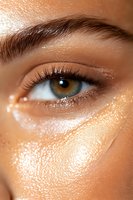 Close-up of brown eye with glowing dewy skin and defined eyebrow, featuring glossy champagne-toned makeup and natural lashes for beauty and cosmetic advertising.