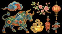 Colorful ox with ornamental flowers, lantern, and traditional Asian decorative elements isolated on transparent background. Ready for t-shirt design, clipart, stickers, sublimation, and print-on-demand projects.