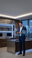 Businessman in formal suit using tablet with holographic interface displaying 24-hour service icons in modern office kitchen with ambient ceiling lighting and city skyline view.