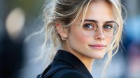 Young blonde woman wearing glasses smiles confidently at camera. Professional headshot with soft bokeh background shows natural makeup and casual black attire.