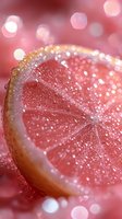 Fresh grapefruit slice with water drops and sparkling bokeh effect on pink background, macro photography showing juicy citrus texture and bubbles.