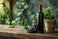 Red wine bottle with fresh grapes and potted herbs on rustic wooden table against blurred garden background, creating atmospheric wine country ambiance.