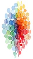 Abstract watercolor circles in rainbow spectrum creating flowing organic composition with overlapping translucent shapes and varied textures on white background.