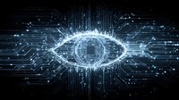 Digital eye with circuit board patterns and glowing blue data streams representing artificial intelligence, cybersecurity, and futuristic technology concepts.