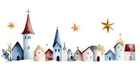 Watercolor winter village skyline with churches, houses and golden stars against white background, festive holiday scene for seasonal designs.
