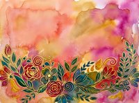 Watercolor background with vibrant pink, gold, and magenta washes featuring decorative floral border with roses and botanical elements for design projects.