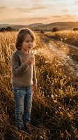 Young child, Caucasian ethnicity, wearing casual knit sweater and jeans, holding dandelion in golden hour rural field with dirt path and mountains in background.