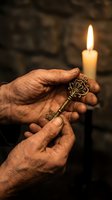 Elderly hands holding ornate vintage key by candlelight against stone wall background for mystery and heritage concepts.