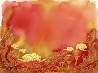 Watercolor gradient background in warm red, orange, and gold tones with ornate golden Asian-inspired decorative border featuring clouds, lanterns, and floral elements. Suitable for festive designs and cultural celebrations.