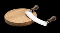 Wooden pizza cutter board set with stainless steel rocker knife and dark wood handles, isolated on transparent background, ready for t-shirt design, clipart, and print-on-demand products.