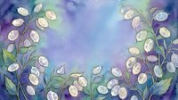 Watercolor painting of white bell-shaped flowers with green stems against soft purple and blue gradient background. Suitable for wall art, home decor, and botanical illustrations.