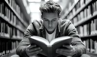Young man in casual attire deeply focused on reading book in library aisle, black and white photography capturing studious atmosphere.