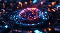 Glowing digital brain surrounded by futuristic circuit patterns and neon lights creates dramatic technological atmosphere with bokeh effect in dark background.