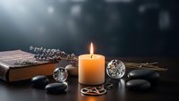 Mystical altar setup with burning candle, ancient book, crystals and ritual objects for spiritual meditation and witchcraft practices.
