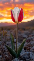 Single red and white tulip blooming in rocky desert landscape against dramatic orange sunset sky and mountain silhouette, capturing nature's resilience and beauty.