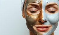 Young woman with closed eyes wearing contrasting gold and blue clay face masks, showcasing luxurious skincare treatment and spa wellness concept.