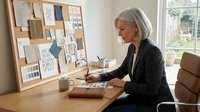 Mature woman with gray hair and light skin tone, wearing black blazer, working at wooden desk with color swatches and mood board, interior design professional.