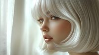 Young woman with platinum blonde bob hairstyle in profile view against soft window light, natural makeup and glossy lips creating ethereal beauty portrait.