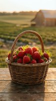 Fresh ripe strawberries in wicker basket on wooden table at sunset with farm field and barn in background for organic farming and harvest concepts.