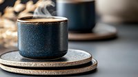 Senior woman with gray hair, Caucasian ethnicity, enjoying hot beverage in ceramic mug on cork coaster. Warm morning coffee scene for lifestyle and wellness content.