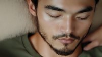 Young Asian man with closed eyes and gentle expression in olive green t-shirt, showing peaceful meditation moment against neutral background. Close up portrait.