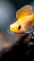 Bright yellow goby fish with detailed fins and prominent eye resting on dark rock, suitable for aquarium, marine life, and wildlife photography projects.