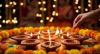 Diwali celebration with lit clay diya lamps arranged in a floral rangoli, hand lighting candles, marigold flowers, bokeh lights in background.