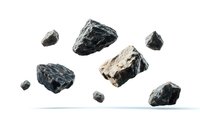 Raw coal lumps floating on white background, black fossil fuel pieces isolated, natural mineral resource for energy production and industrial use.
