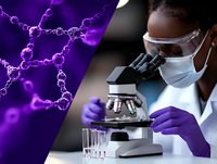 African American female scientist in protective gear examining samples through microscope alongside purple molecular structure visualization in laboratory setting.