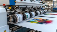 Modern printing house equipment with multicolor offset machine rollers in operation producing vibrant prints on white paper sheets for commercial printing.