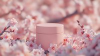 Pink cosmetic jar surrounded by delicate cherry blossom branches in soft focus, creating romantic spring atmosphere for beauty product photography.