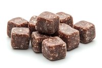Homemade dark chocolate truffles with cocoa powder coating arranged in group on white background, macro food photography showing rich texture and detail.