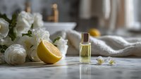 Elegant perfume bottle with fresh lemon and white roses on marble surface, creating luxurious spa atmosphere for beauty product photography.