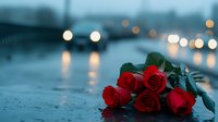 Red roses lying on wet surface with blurred city lights and raindrops in background creating romantic evening atmosphere. Suitable for greeting cards and romantic designs.