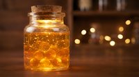 Glowing golden fairy lights inside glass jar with cork lid on wooden surface, warm ambient lighting for home decor and festive celebrations.