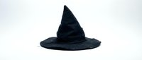 Black witch hat isolated on white background for Halloween costume party decoration and magical fantasy themed designs.