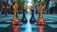 Chess pieces on outdoor board with dramatic lighting and bokeh background, kings facing pawns in strategic confrontation, symbolizing leadership and challenge.