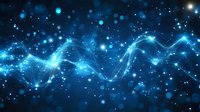 Glowing blue wave of energy and light particles flowing through dark space with sparkling stars and bokeh effects creating magical atmosphere.