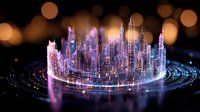 Futuristic glowing cityscape with neon lights and skyscrapers reflected on mirror surface against blurred bokeh background, modern urban technology concept.