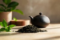 Loose black tea leaves scattered on wooden surface with traditional cast iron teapot and green plant leaves in soft natural lighting, creating zen atmosphere.