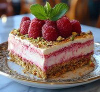 Layered raspberry cheesecake slice with fresh berries, crushed pistachios and mint garnish on white plate. Creamy filling swirled with vibrant pink raspberry sauce on graham cracker base.