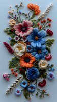 Beautiful handmade floral embroidery composition featuring colorful silk ribbon flowers in blue, orange, pink and white with detailed stitching and textural elements perfect for craft inspiration.