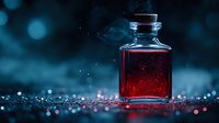 Mysterious square glass bottle with red liquid against dark blue bokeh background, magical potion concept for fantasy and mystical designs.