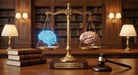 Golden scales of justice balancing digital brain and human brain in elegant law library with books and gavel representing AI versus human intelligence in legal practice.